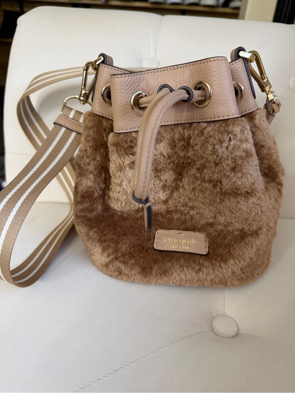 kate spade Brown Faux Fur Drawstring Crossbody w/Striped Strap with coin purse